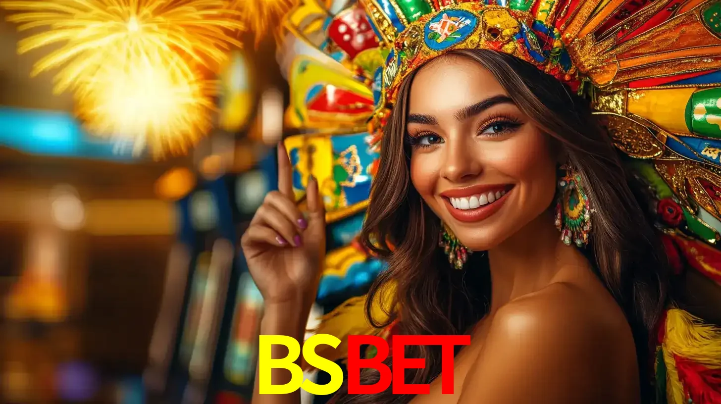 Mulher sorridente com um cocar de carnaval vibrante e colorido, celebrando uma grande vitória nos jogos do cassino BSBET com fogos de artifício ao fundo.