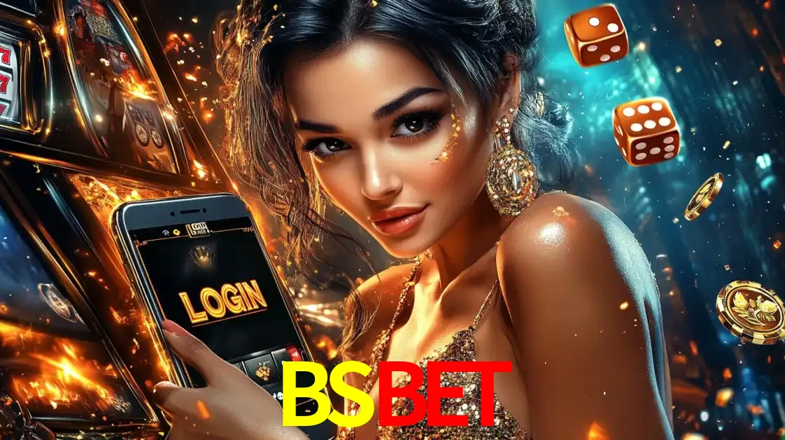 Mulher glamourosa segurando um celular com a tela de login do cassino BSBET, rodeada por dados e moedas douradas, pronta para começar a diversão.