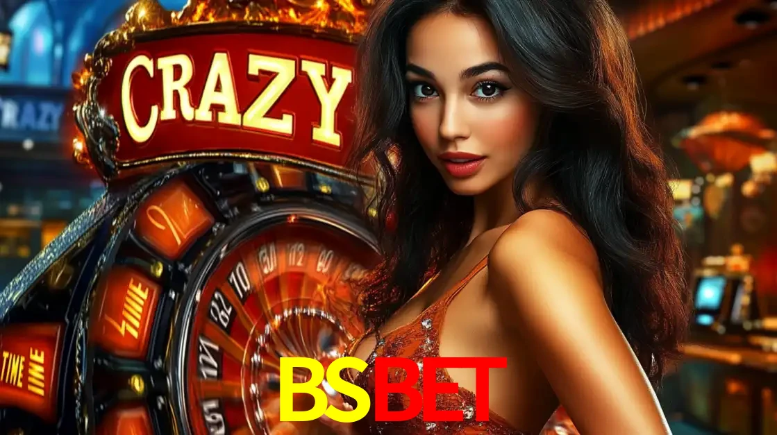 Mulher glamourosa olhando para a câmera com a roda vermelha do Crazy Time ao fundo em um ambiente de cassino, destacando a emoção dos jogos ao vivo no BSBET.