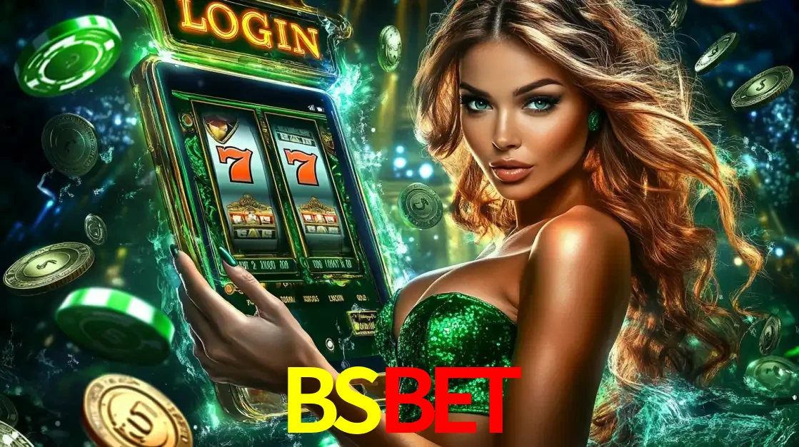 Mulher com tema verde apresentando o aplicativo do cassino BSBET com um jogo de slot de 777, cercada por fichas de cassino e uma aura de sorte.
