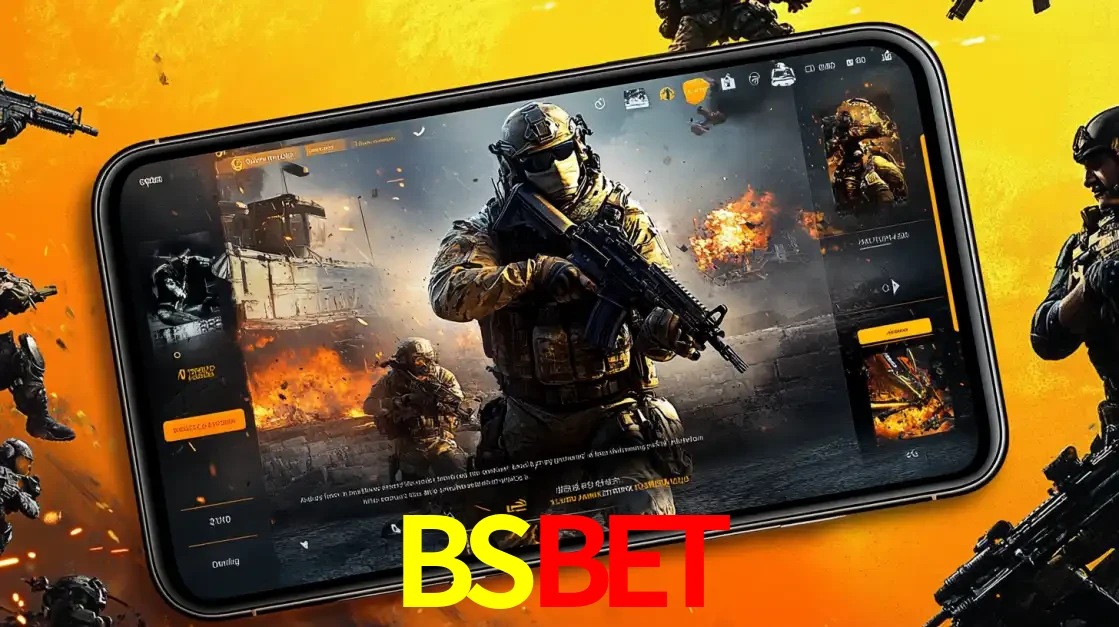 Um smartphone exibindo a interface de um jogo de tiro em primeira pessoa, com um soldado em um cenário de batalha, representando a ação dos e-sports para apostar no BSBET.