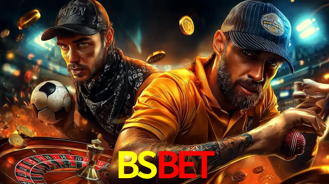 Montagem de apostas esportivas e cassino no BSBET, com um homem segurando uma bola de futebol e outro uma de beisebol sobre uma roleta e moedas voadoras.