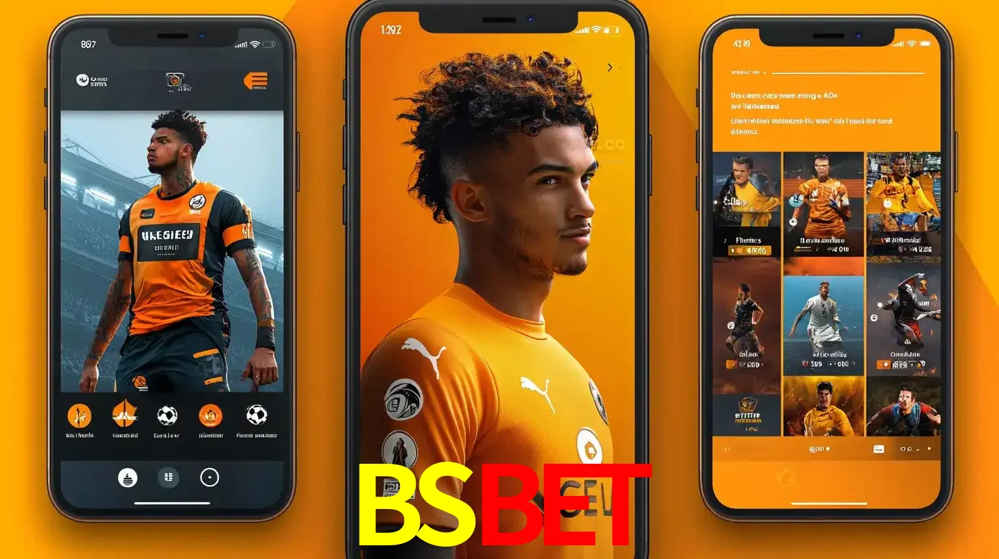 Interface do aplicativo de apostas esportivas BSBET em três telas de celular, mostrando o perfil de um jogador de futebol e a lista de jogos disponíveis para apostar.