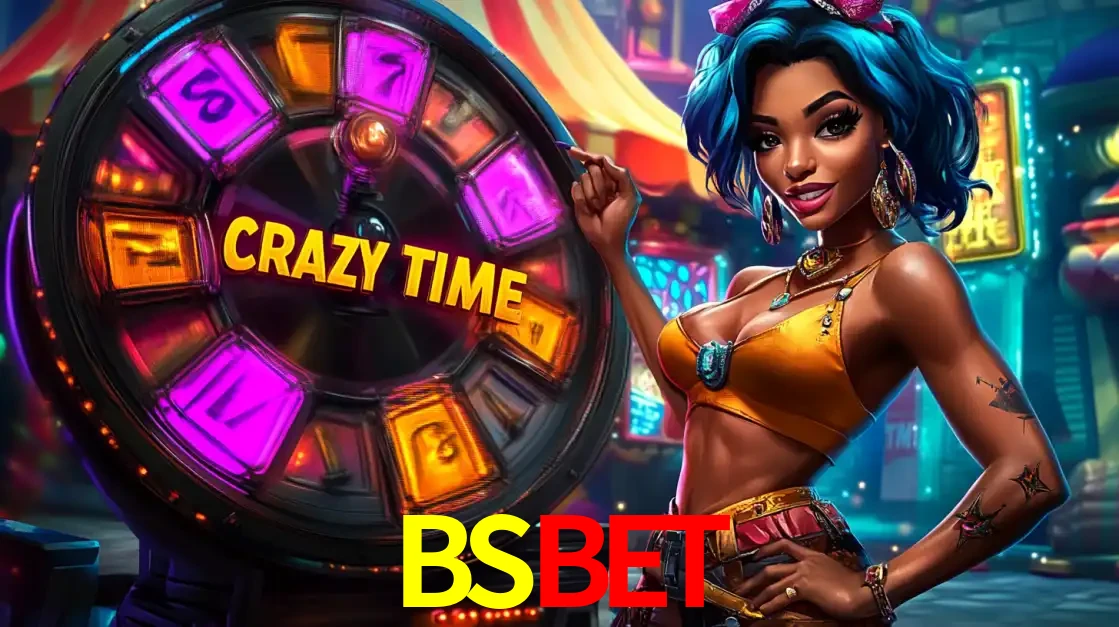 Mulher estilizada com cabelo azul e visual vibrante posando ao lado da roda de prêmios do game show Crazy Time, convidando para a diversão e os bônus do cassino BSBET.