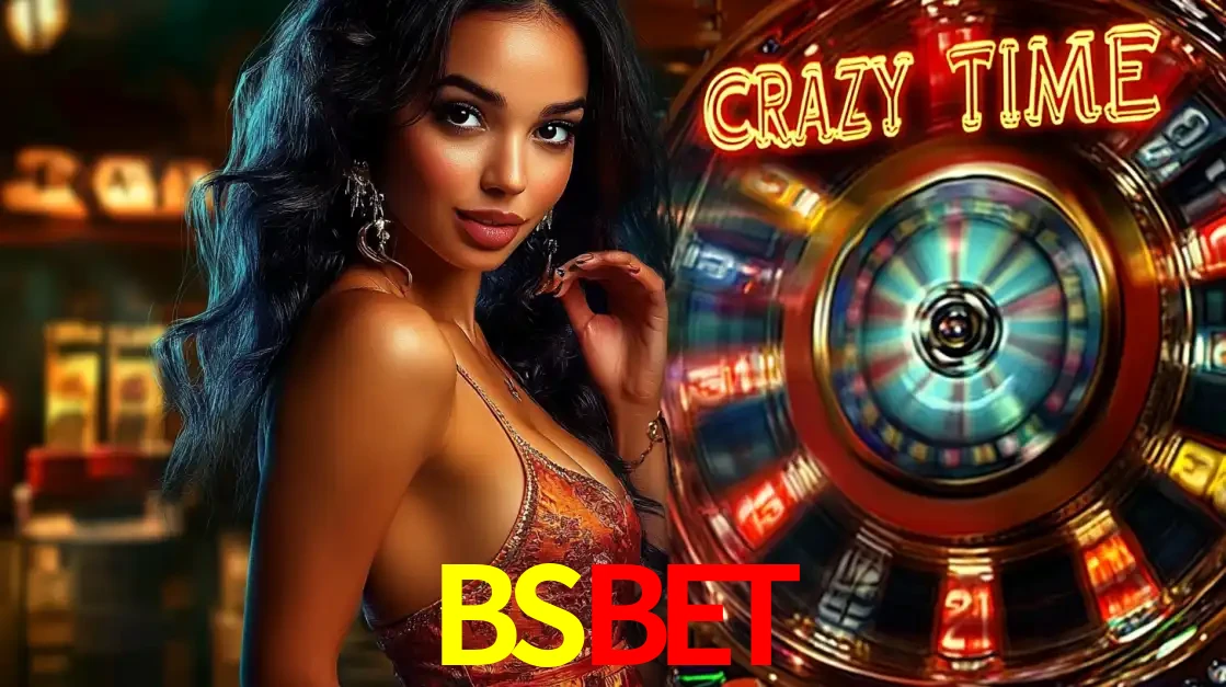 Mulher elegante ao lado da vibrante roda da fortuna do jogo de cassino ao vivo Crazy Time, um dos game shows mais populares e cheios de prêmios do BSBET.