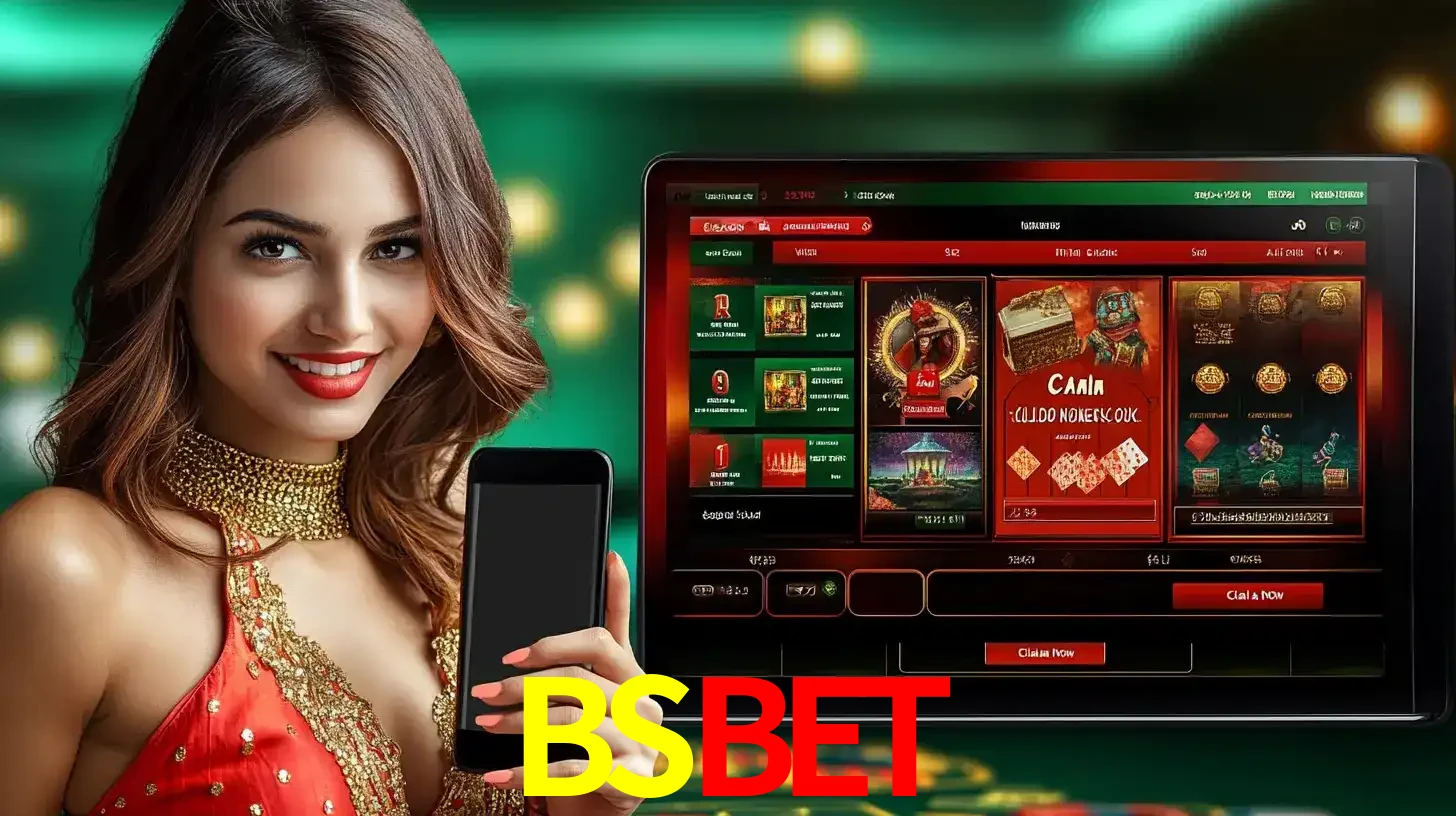 Mulher sorridente segurando um smartphone, ao lado de uma tela exibindo o lobby de jogos do cassino online BSBET, com várias opções de jogos de cartas e slots.
